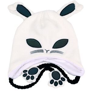 Bunny‎ Rabbit Knit Beanie Hat Cap Reflective 3D Paws Tassels Black White NWT